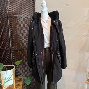 Tommy Hilfiger Black Raincoat Faux Fur Hood Size Large Women's Whimsy Goth